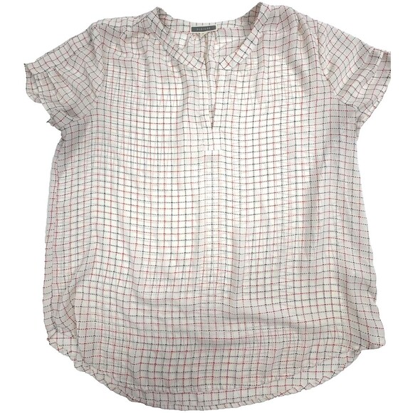 PLEIONE Split Neck Blouse Top Pleated Sleeve Grid Check Office Flowy Modern S - Picture 1 of 9